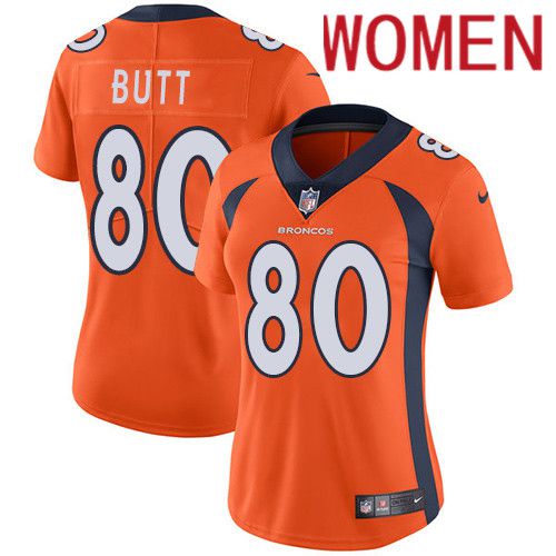Women Denver Broncos 80 Jake Butt Orange Nike Vapor Limited NFL Jersey